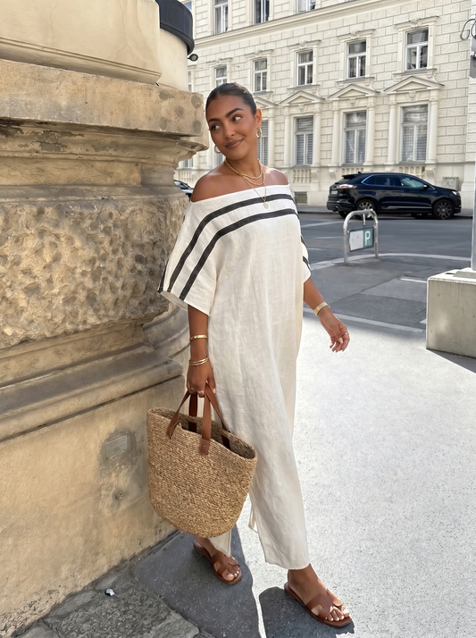 Minimalistisch Linnen Maxi Jurk - Off-Shoulder Design