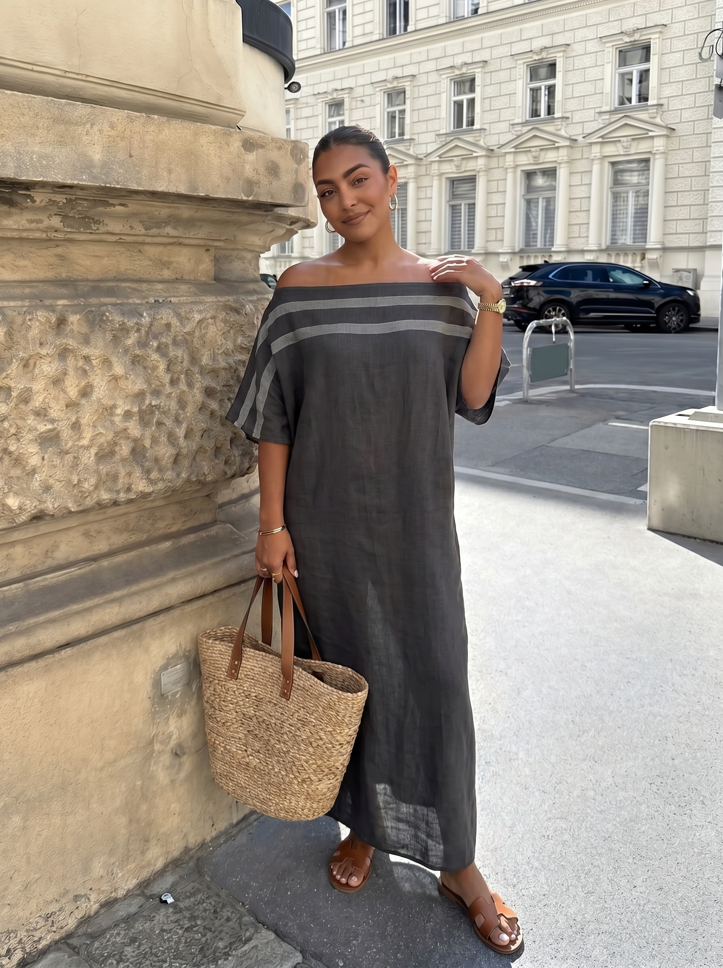 Minimalistisch Linnen Maxi Jurk - Off-Shoulder Design