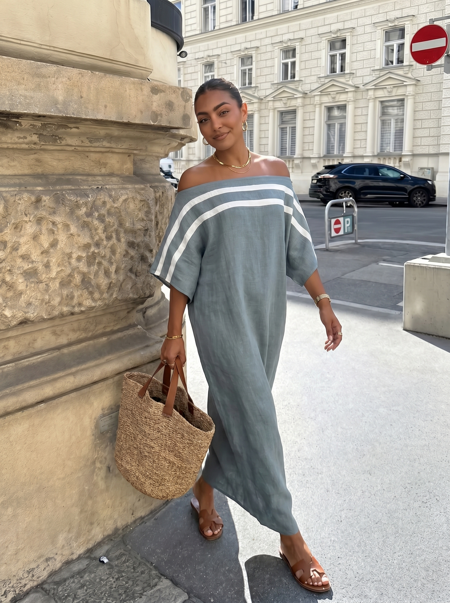 Minimalistisch Linnen Maxi Jurk - Off-Shoulder Design