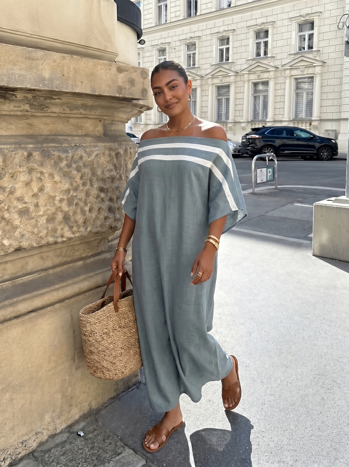 Minimalistisch Linnen Maxi Jurk - Off-Shoulder Design