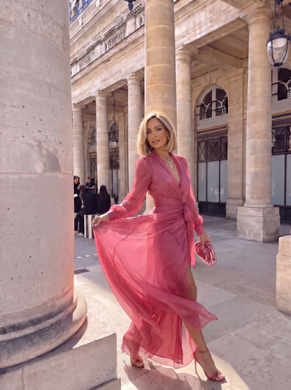 Elegante Roze Chiffon Jurk met V-Hals – Perfect voor Elke Gelegenheid
