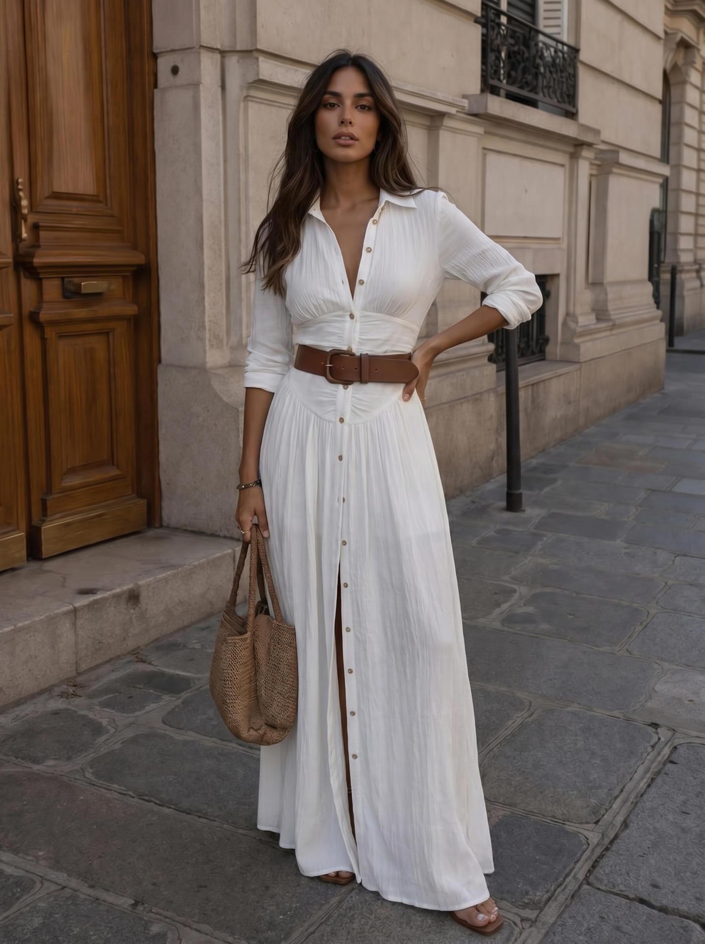 Elegant Linnen Maxi Jurk met Reverskraag