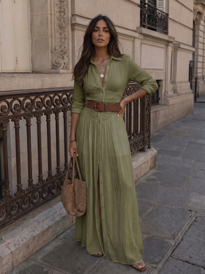 Elegant Linnen Maxi Jurk met Reverskraag