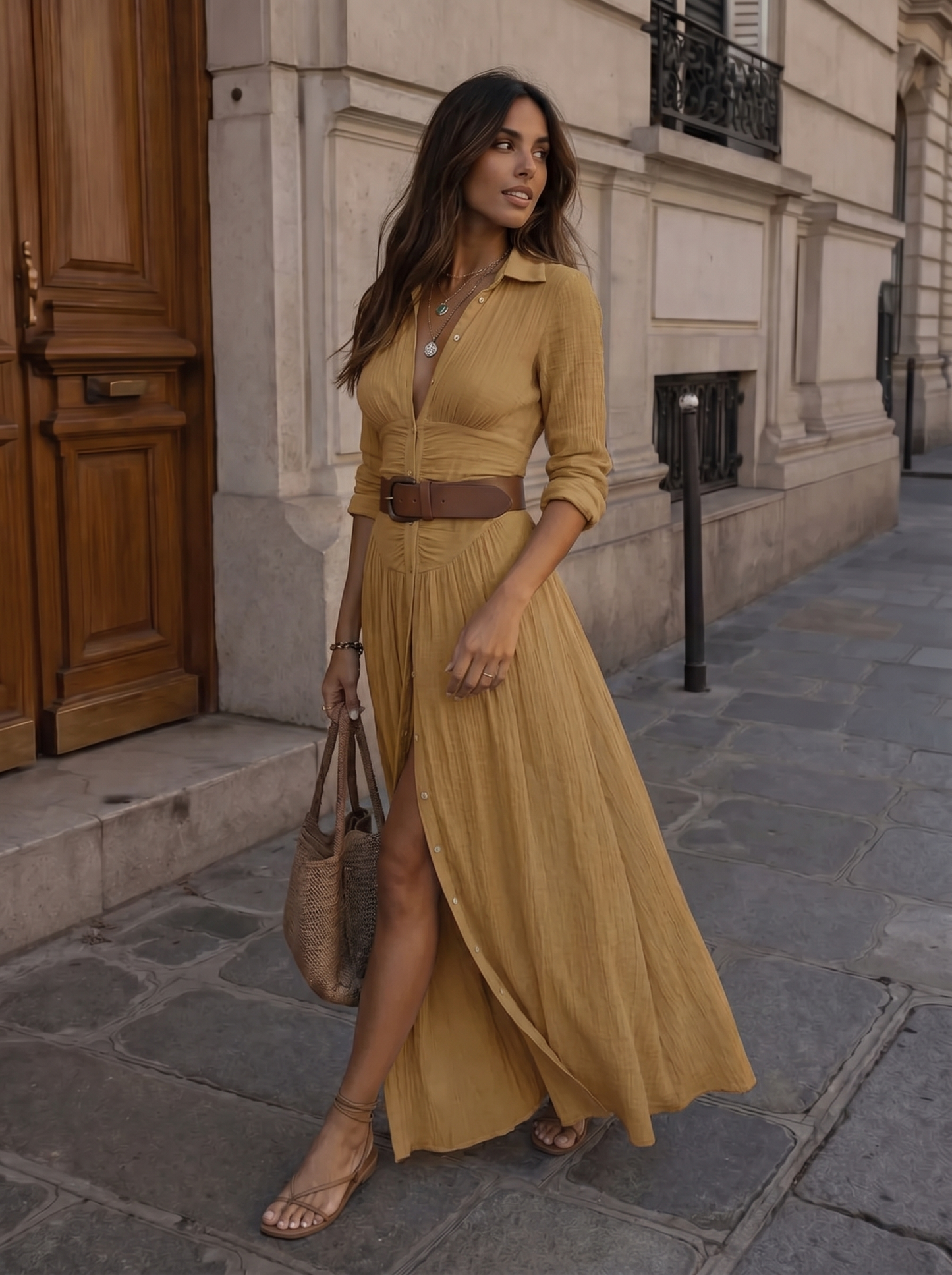 Elegant Linnen Maxi Jurk met Reverskraag