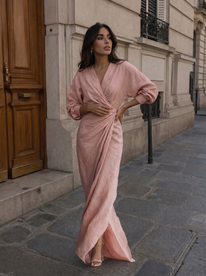 Elegant Linnen Maxi Jurk met V-Hals - Diverse Kleuren