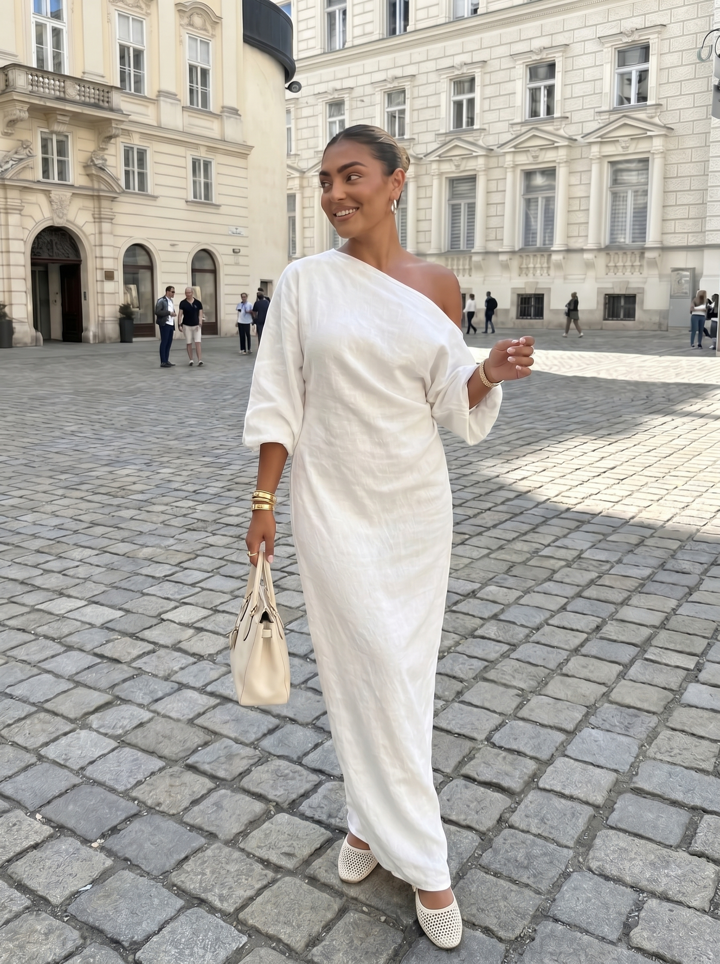 Elegant Linnen-Katoenen Jurk | Off-Shoulder Design