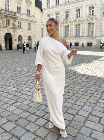 Elegant Linnen-Katoenen Jurk | Off-Shoulder Design