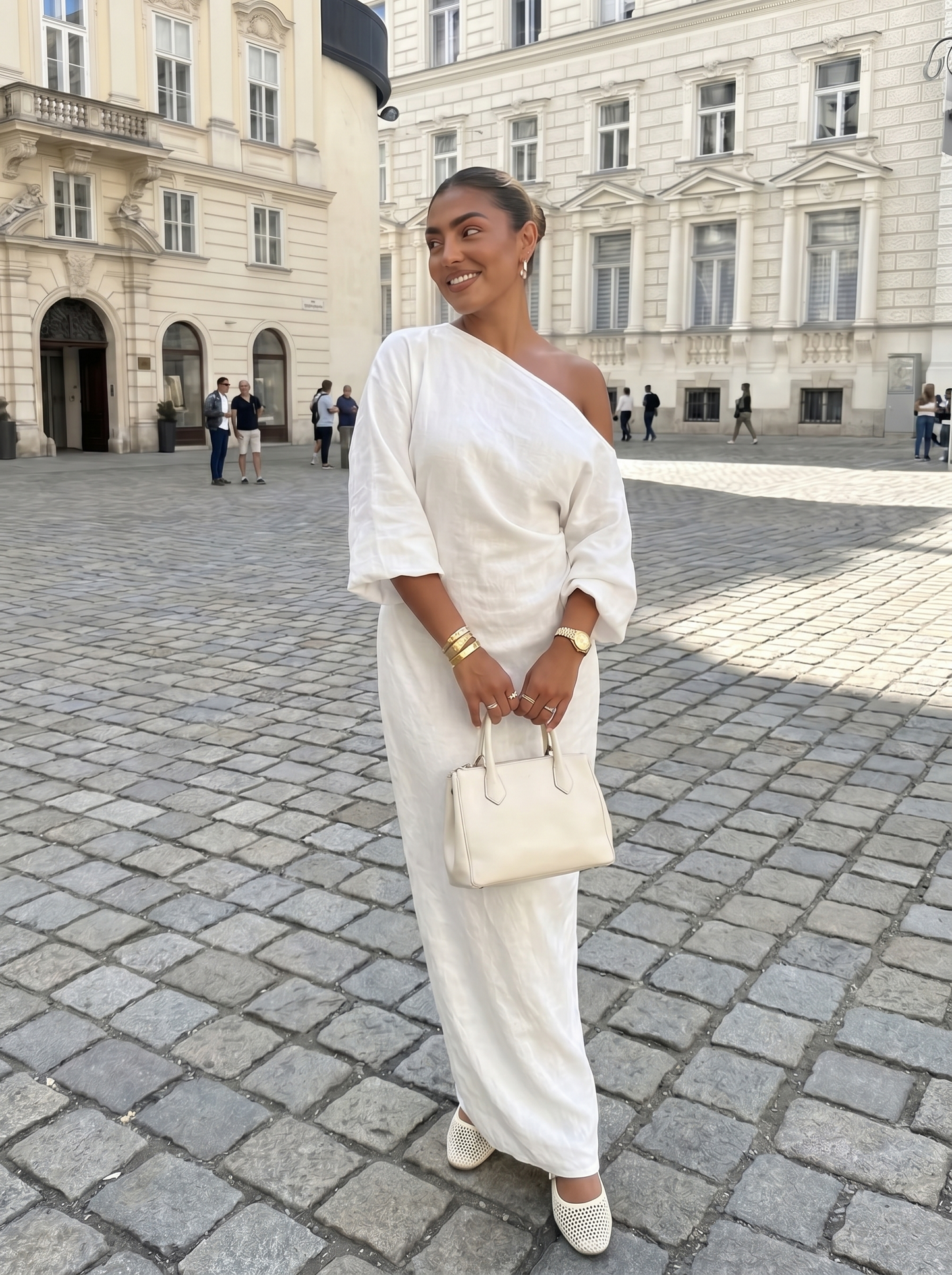 Elegant Linnen-Katoenen Jurk | Off-Shoulder Design