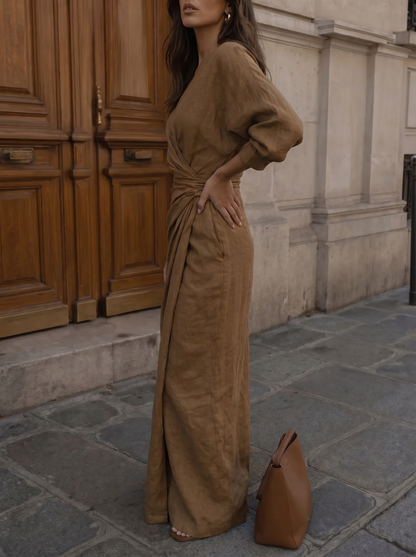 Elegant Linnen Maxi Jurk met V-Hals - Diverse Kleuren
